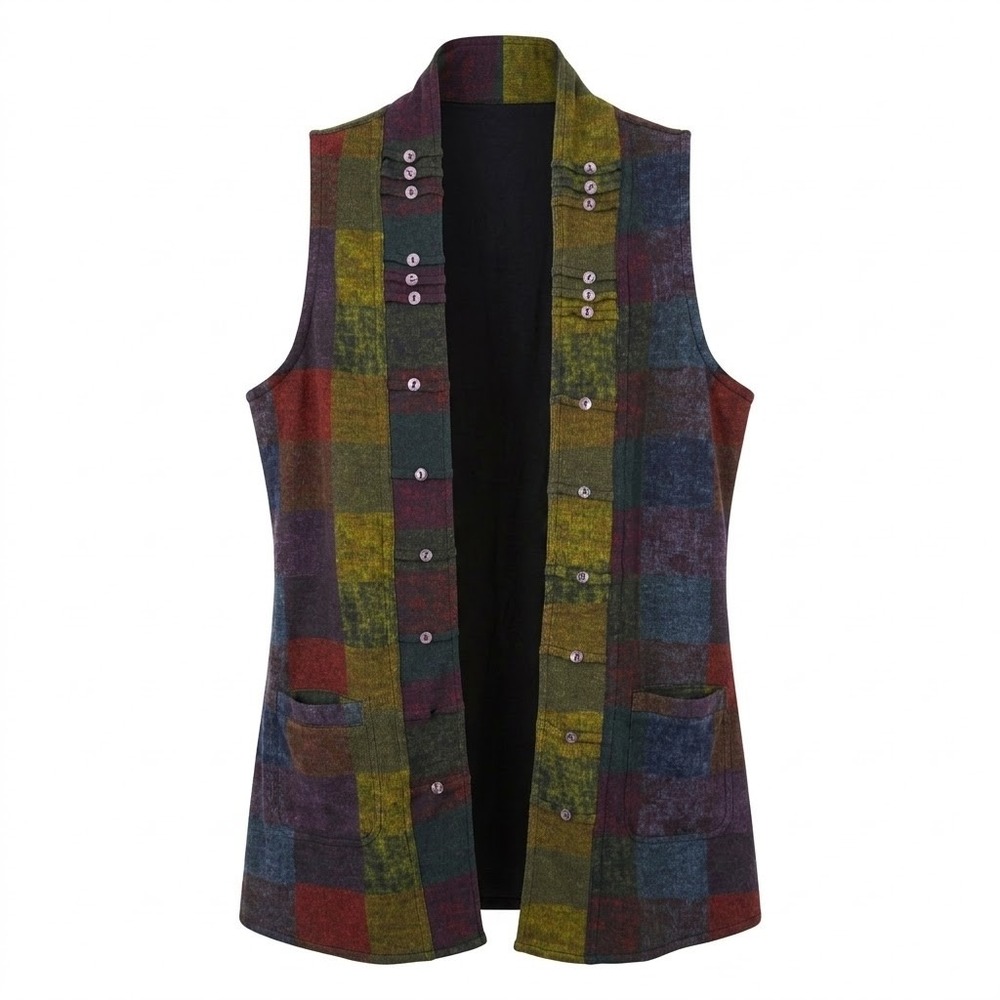 Parsley & Sage Reversible Plaid Vest Womens Large Black Multi Open Front Pockets